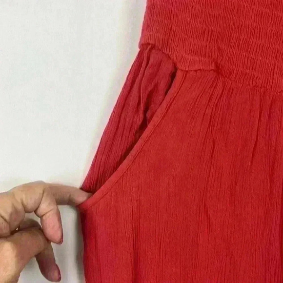 Sky & Sparrow Jumpsuit Burnt Orange M Smocked Bodice Sleeveless Pockets Ruffle - Picture 3 of 11